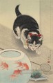 gato y pecera de peces de colores 1933 Ohara Koson pez